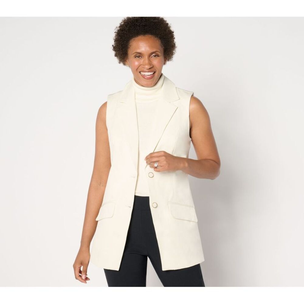 Isaac Mizrahi Live! Women's Top Petite PXL Blazer Vest Pockets Sandalwood